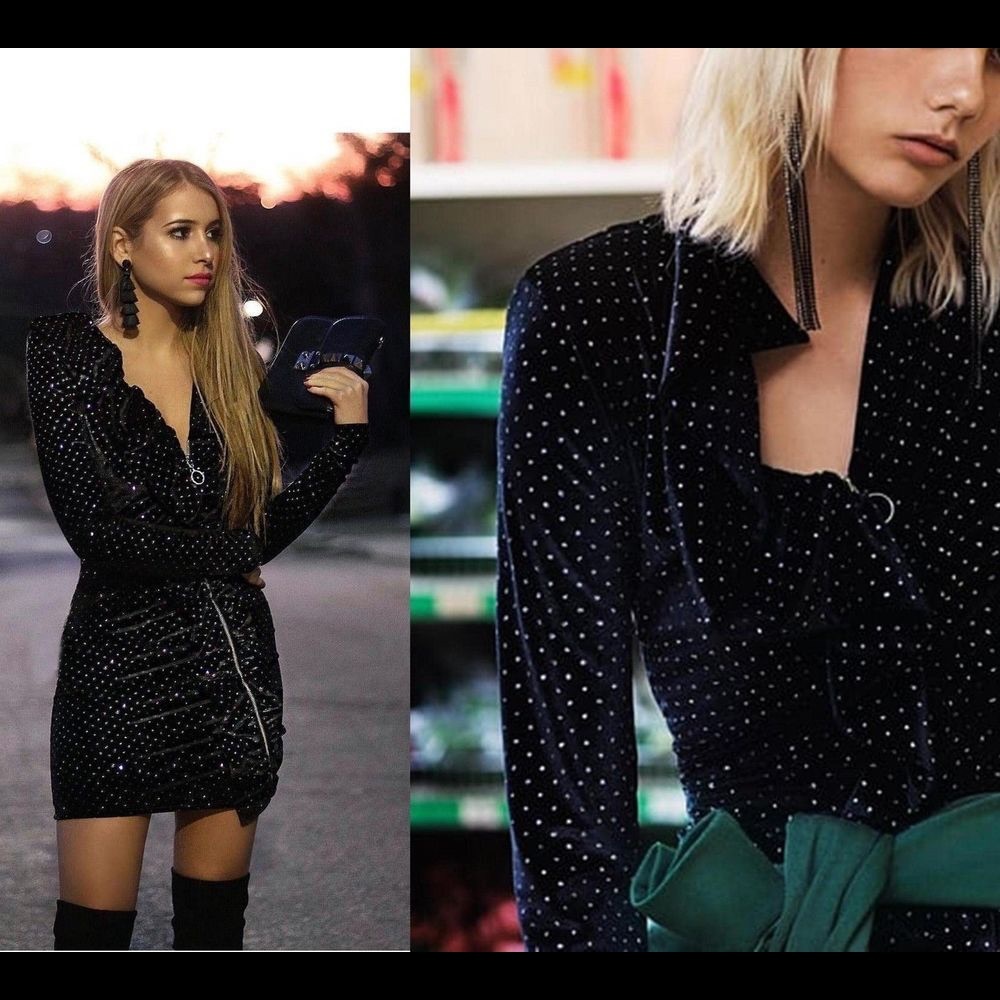 NEW Zara black velvet beading deep cocktail dress